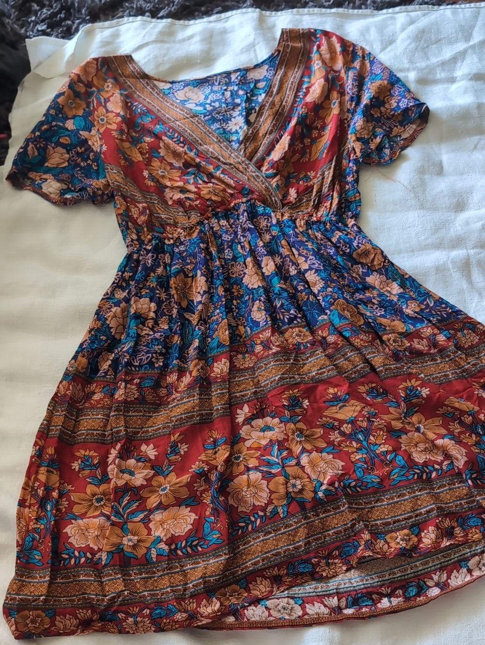 Floral V-Neck Boho Dress in Red and Blue